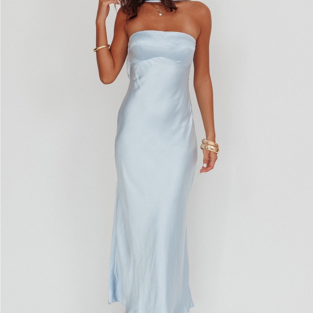 Selfie Leslie- Damsel Reverse Halter Maxi Dress Baby Blue - Picture 3 of 3
